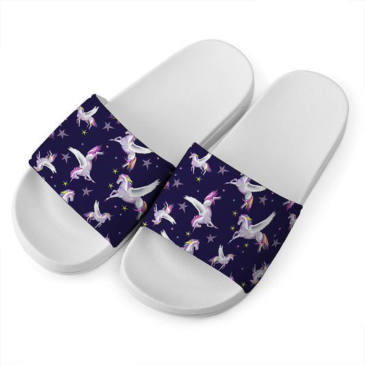 Night Winged Unicorn Pattern Print White Slide Sandals