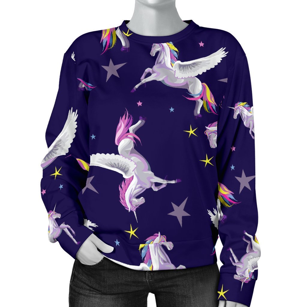 Night Winged Unicorn Pattern Print Women's Crewneck Sweatshirt GearFrost