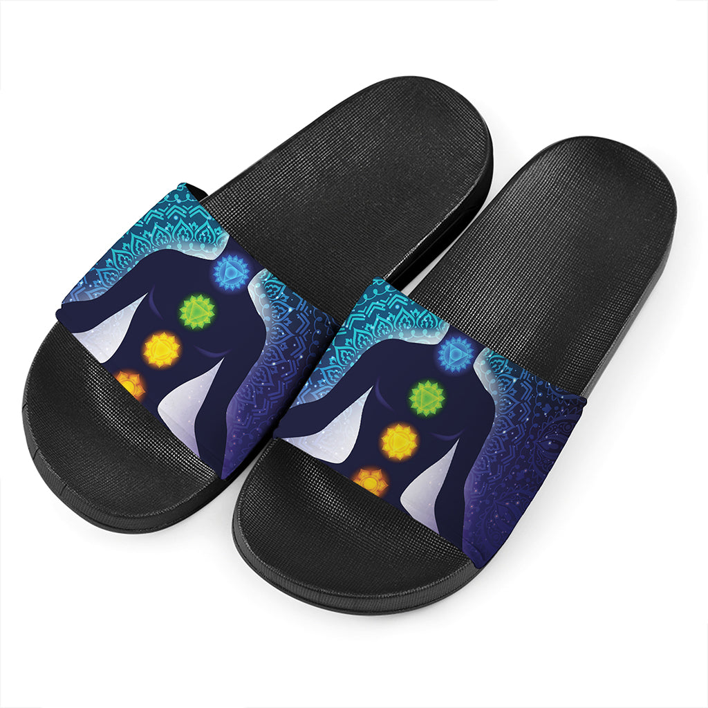 Nine Chakras Aura Print Black Slide Sandals