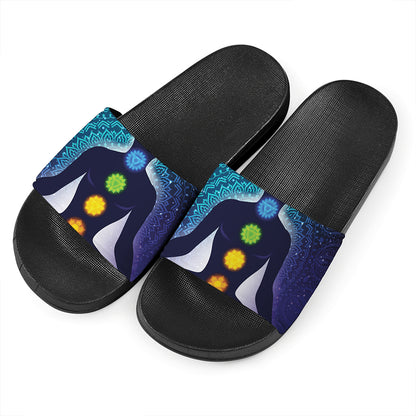 Nine Chakras Aura Print Black Slide Sandals