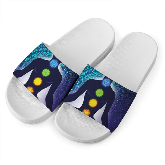 Nine Chakras Aura Print White Slide Sandals
