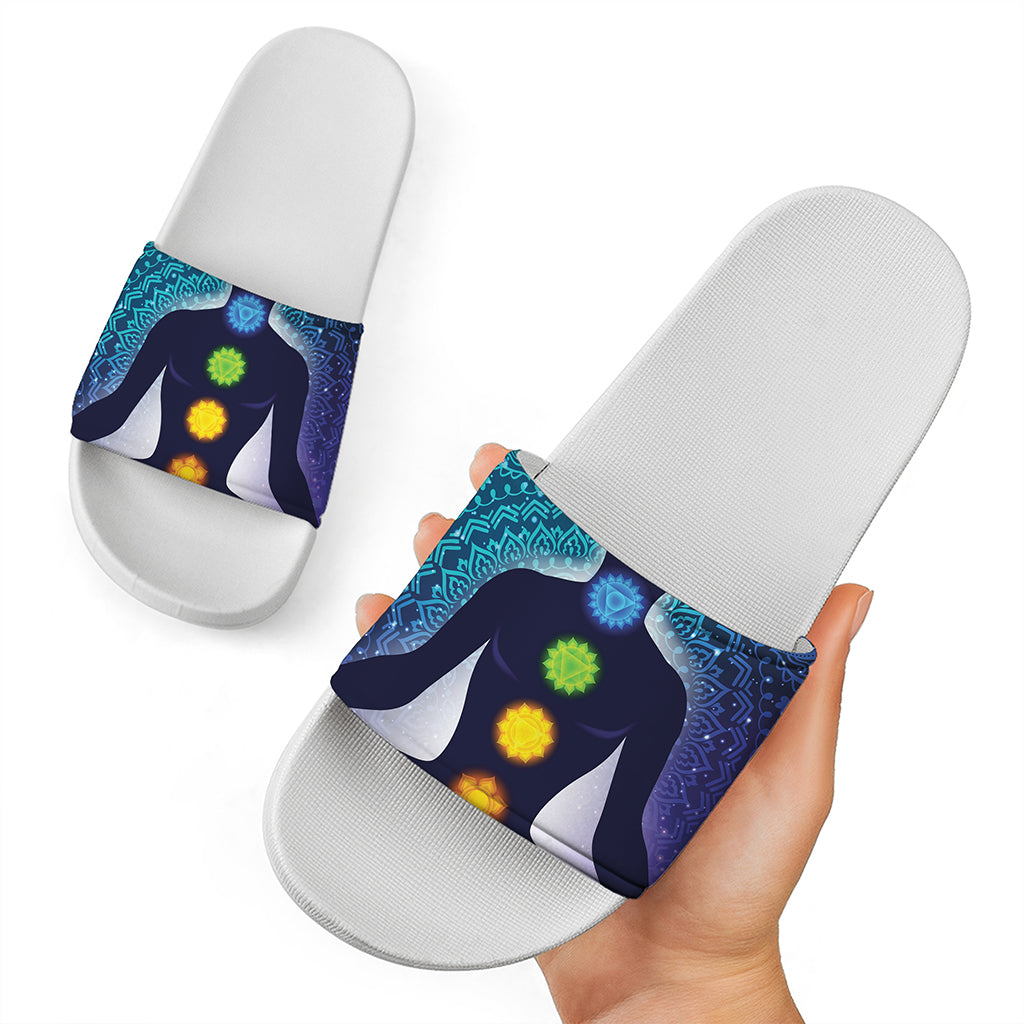 Nine Chakras Aura Print White Slide Sandals