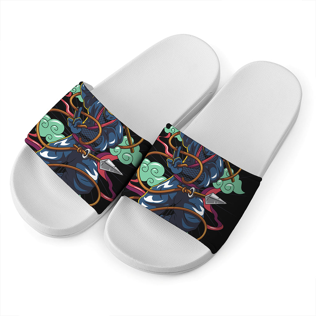 Ninja Warrior Print White Slide Sandals