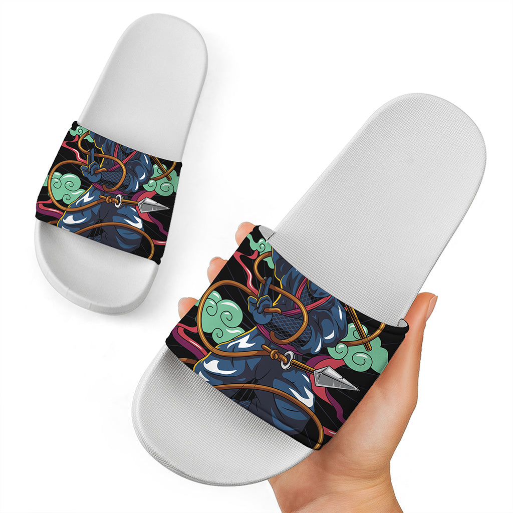Ninja Warrior Print White Slide Sandals