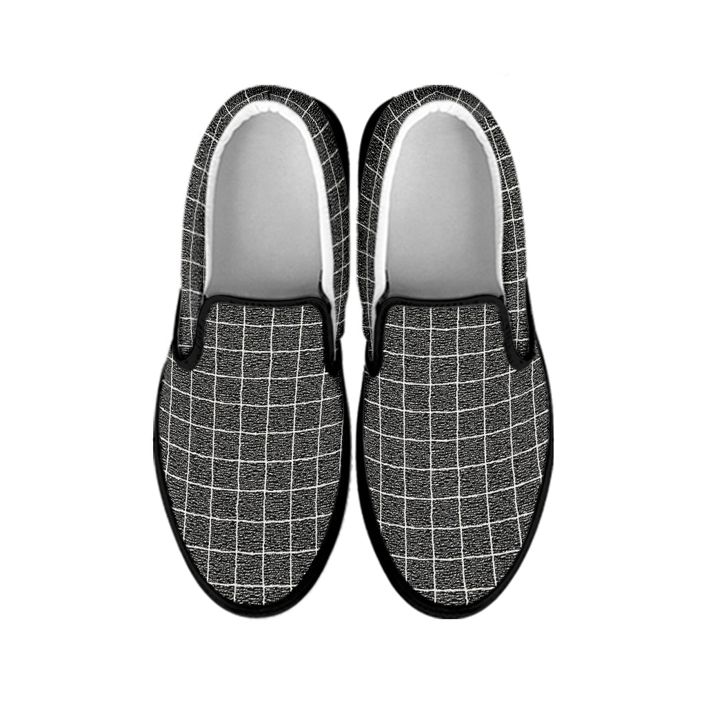 Noisy Windowpane Pattern Print Black Slip On Shoes