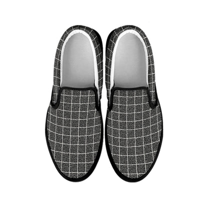 Noisy Windowpane Pattern Print Black Slip On Shoes