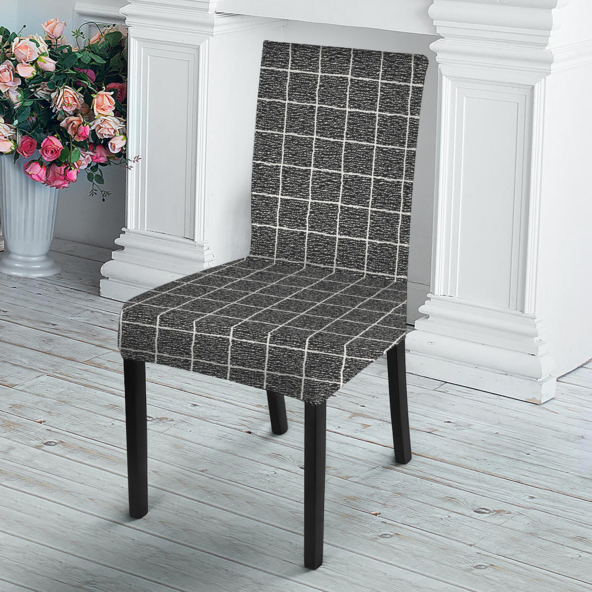 Noisy Windowpane Pattern Print Dining Chair Slipcover