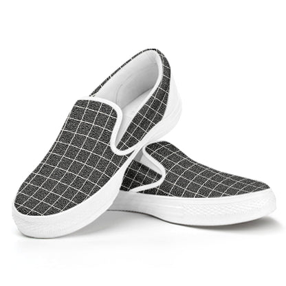 Noisy Windowpane Pattern Print White Slip On Shoes