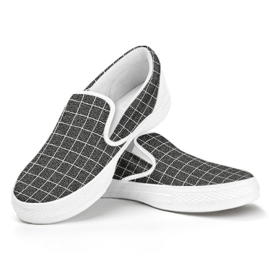 Noisy Windowpane Pattern Print White Slip On Shoes
