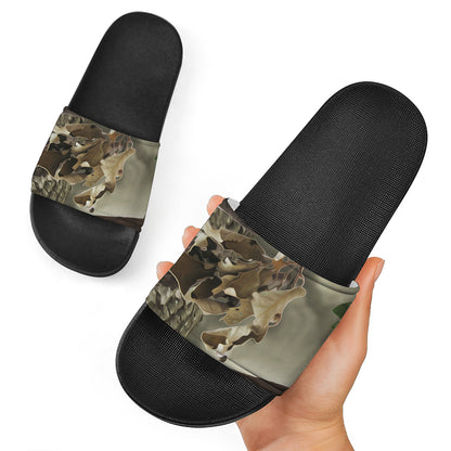 Oak Tree Hunting Camouflage Print Black Slide Sandals