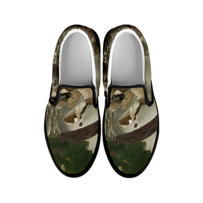 Oak Tree Hunting Camouflage Print Black Slip On Shoes