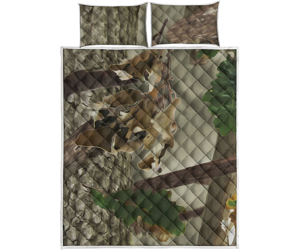 Oak Tree Hunting Camouflage Print Quilt Bed Set