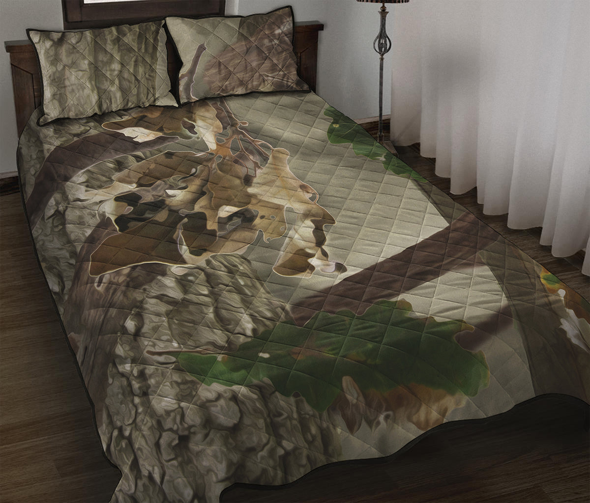 Oak Tree Hunting Camouflage Print Quilt Bed Set