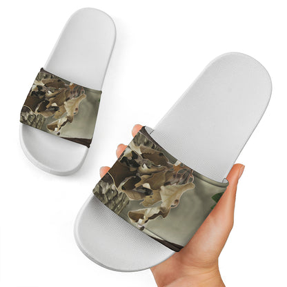 Oak Tree Hunting Camouflage Print White Slide Sandals