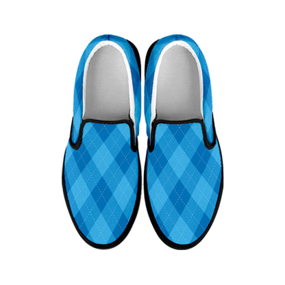 Ocean Blue Argyle Pattern Print Black Slip On Shoes