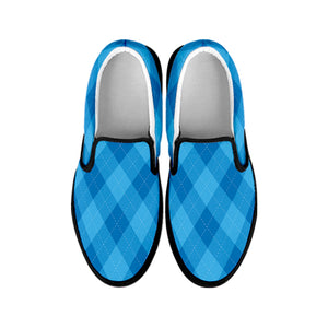 Ocean Blue Argyle Pattern Print Black Slip On Shoes