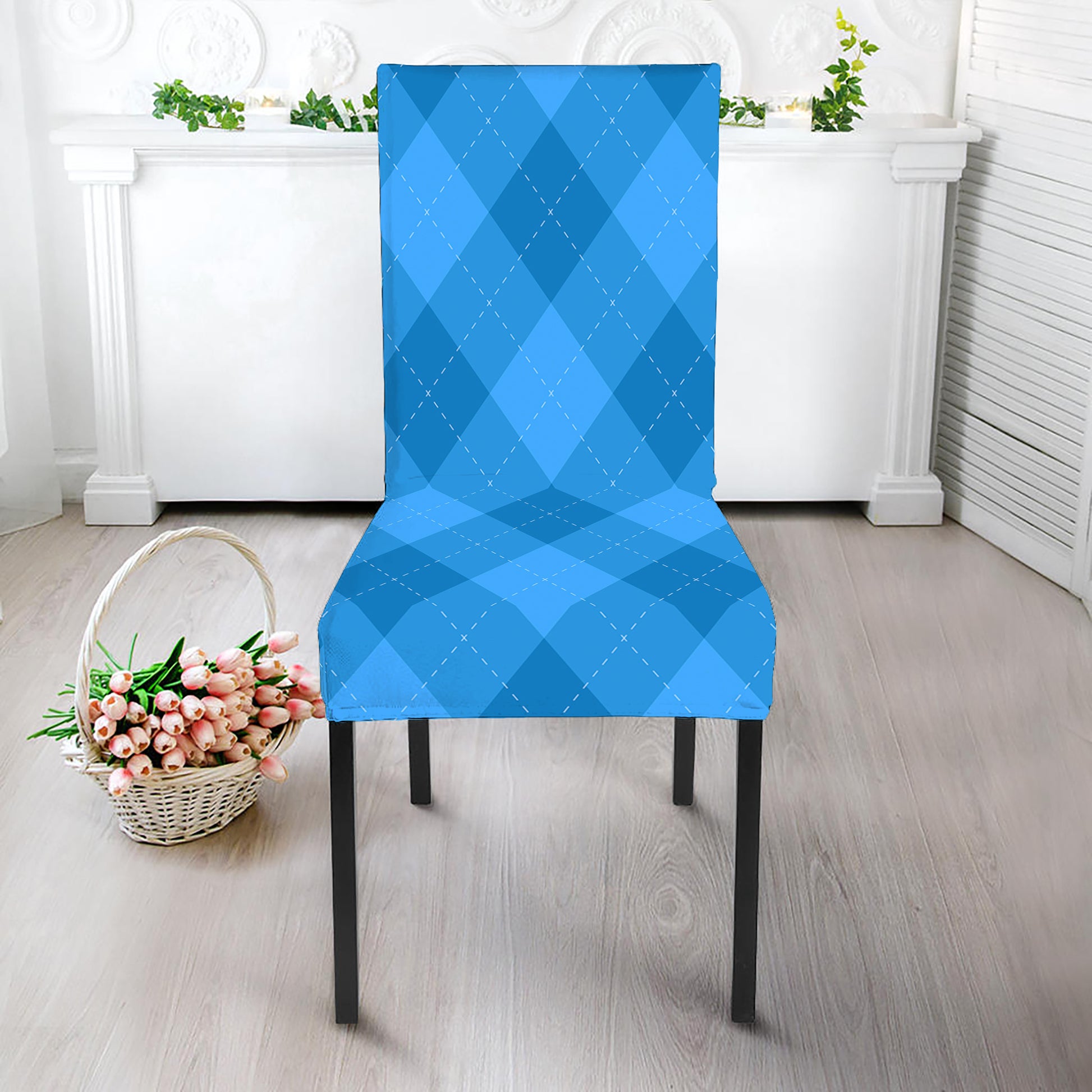 Ocean Blue Argyle Pattern Print Dining Chair Slipcover