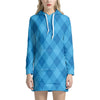 Ocean Blue Argyle Pattern Print Hoodie Dress