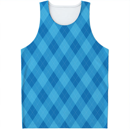 Ocean Blue Argyle Pattern Print Men's Tank Top
