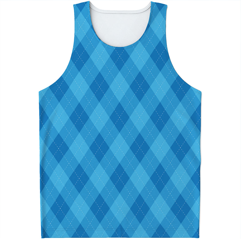 Ocean Blue Argyle Pattern Print Men's Tank Top