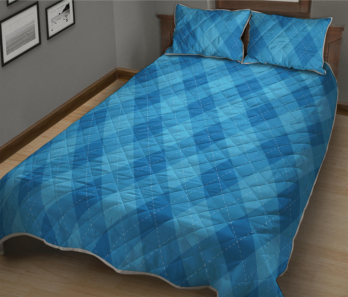 Ocean Blue Argyle Pattern Print Quilt Bed Set