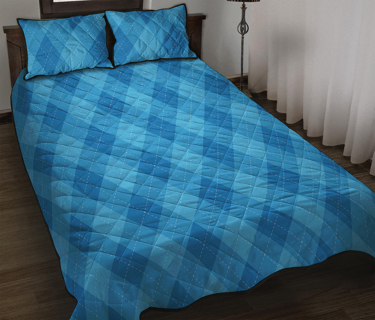 Ocean Blue Argyle Pattern Print Quilt Bed Set