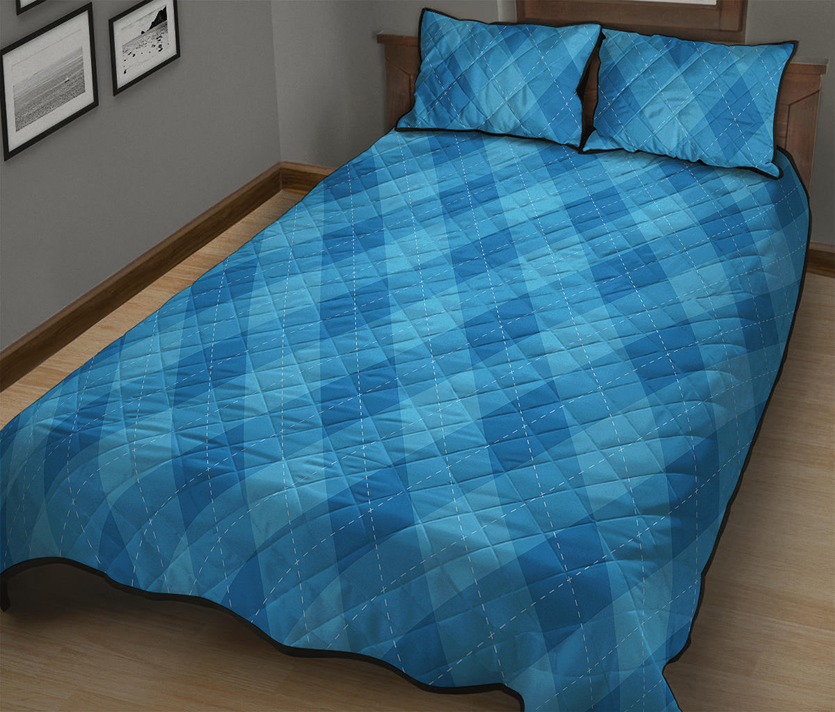 Ocean Blue Argyle Pattern Print Quilt Bed Set