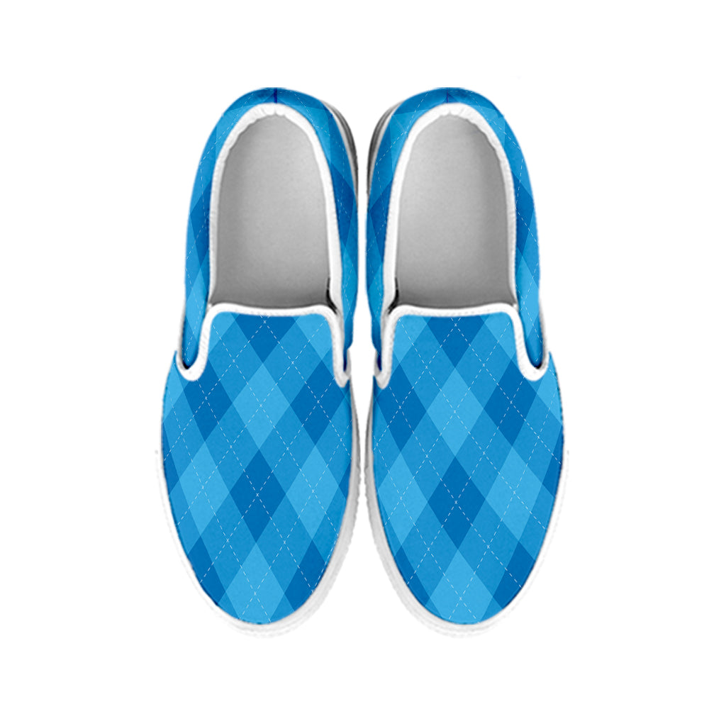 Ocean Blue Argyle Pattern Print White Slip On Shoes