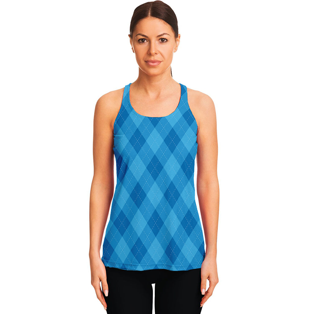 Ocean Blue Argyle Pattern Print Women's Racerback Tank Top