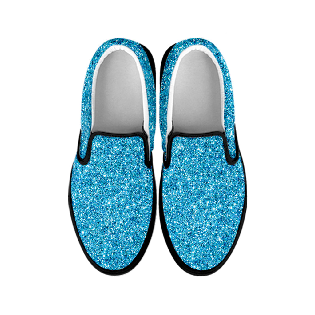 Ocean Blue Glitter Texture Print Black Slip On Shoes