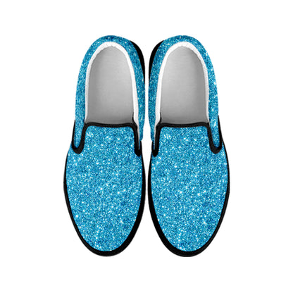 Ocean Blue Glitter Texture Print Black Slip On Shoes