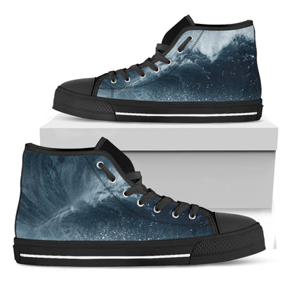 Ocean Wave Print Black High Top Shoes