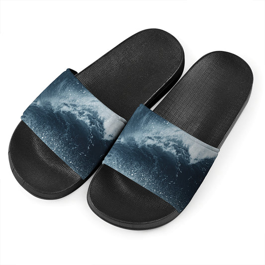 Ocean Wave Print Black Slide Sandals