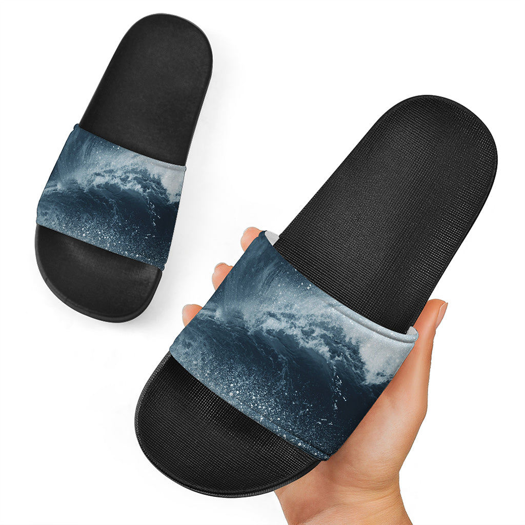 Ocean Wave Print Black Slide Sandals