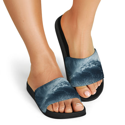 Ocean Wave Print Black Slide Sandals