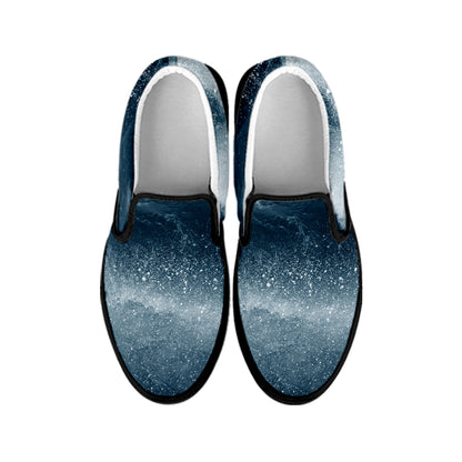 Ocean Wave Print Black Slip On Shoes