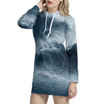 Ocean Wave Print Hoodie Dress