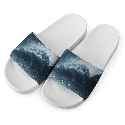 Ocean Wave Print White Slide Sandals