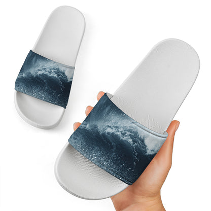 Ocean Wave Print White Slide Sandals