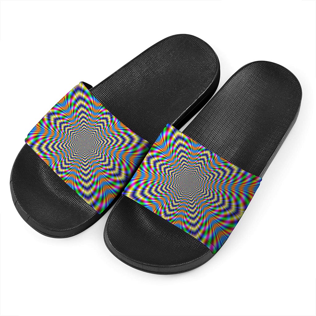 Octagonal Psychedelic Optical Illusion Black Slide Sandals
