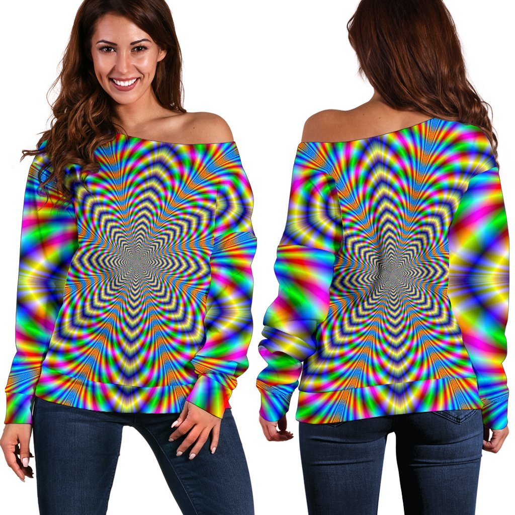 Octagonal Psychedelic Optical Illusion Off Shoulder Sweatshirt GearFrost