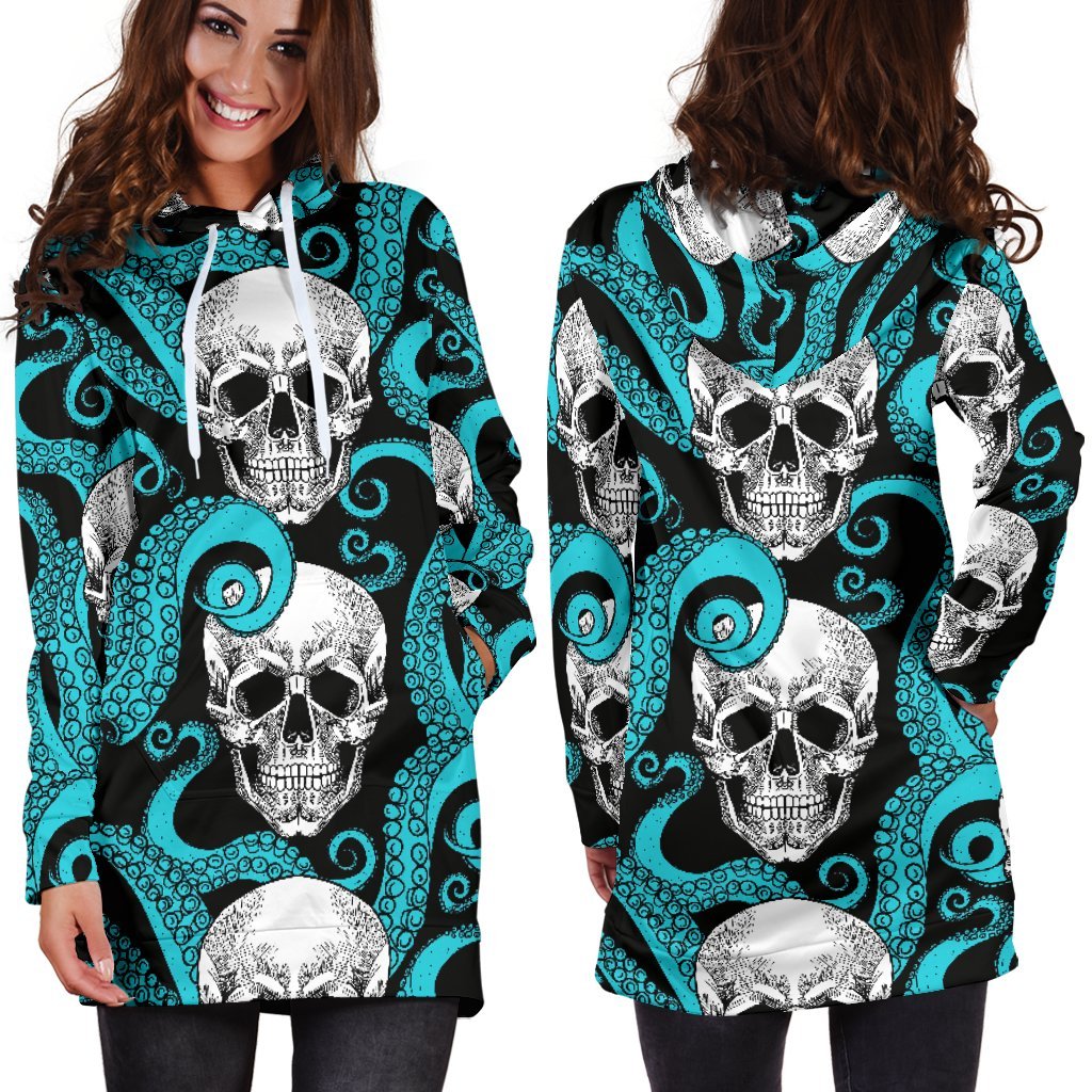 Octopus Tentacles Skull Pattern Print Hoodie Dress GearFrost