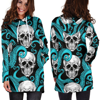 Octopus Tentacles Skull Pattern Print Hoodie Dress GearFrost