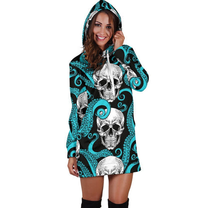 Octopus Tentacles Skull Pattern Print Hoodie Dress GearFrost