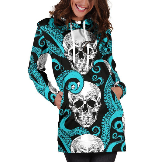 Octopus Tentacles Skull Pattern Print Hoodie Dress GearFrost
