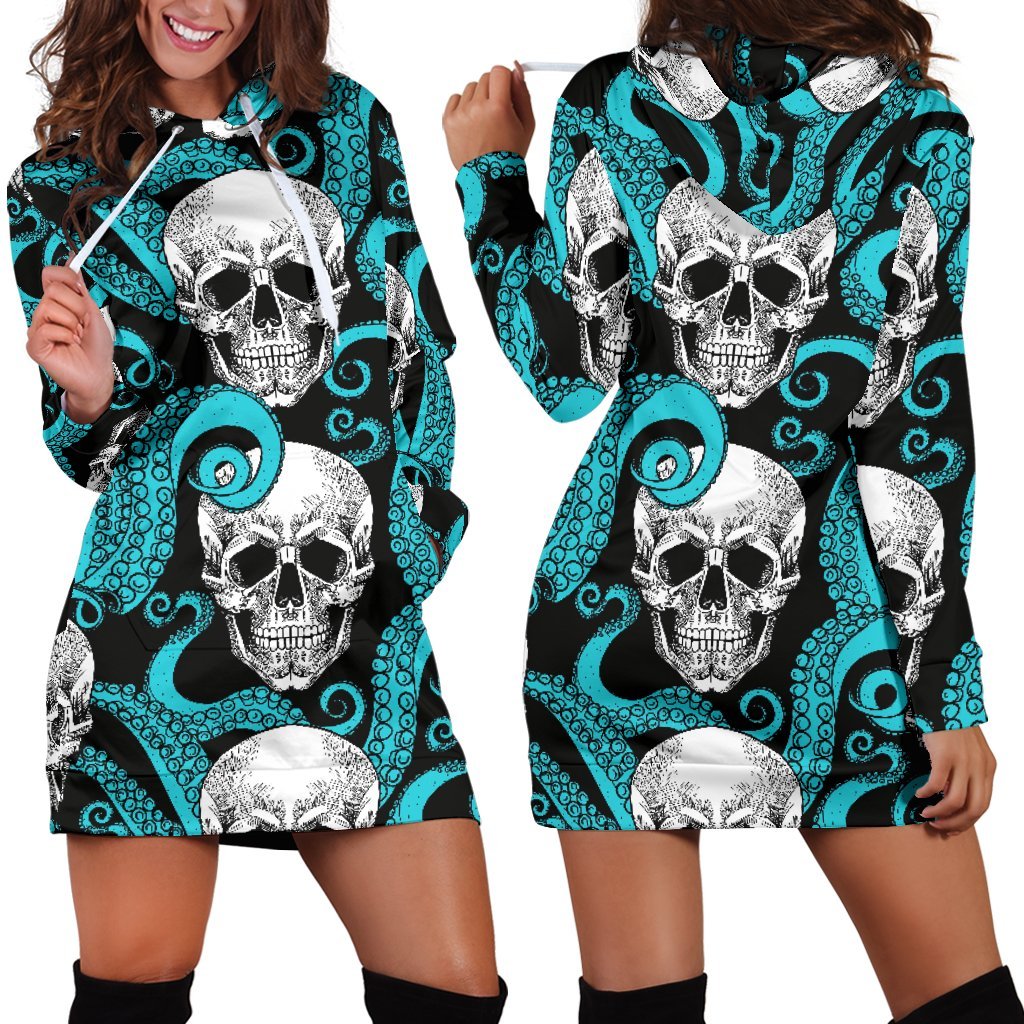Octopus Tentacles Skull Pattern Print Hoodie Dress GearFrost