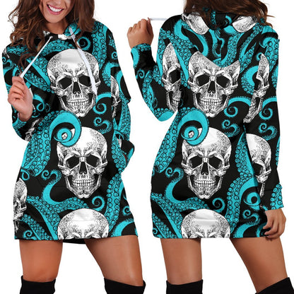 Octopus Tentacles Skull Pattern Print Hoodie Dress GearFrost