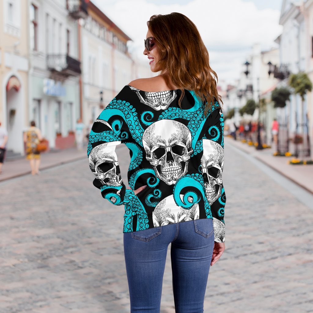 Octopus Tentacles Skull Pattern Print Off Shoulder Sweatshirt GearFrost