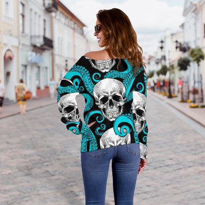 Octopus Tentacles Skull Pattern Print Off Shoulder Sweatshirt GearFrost