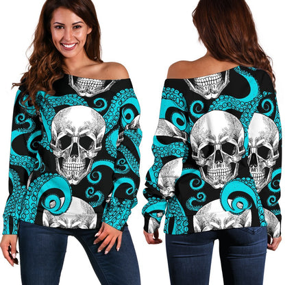 Octopus Tentacles Skull Pattern Print Off Shoulder Sweatshirt GearFrost